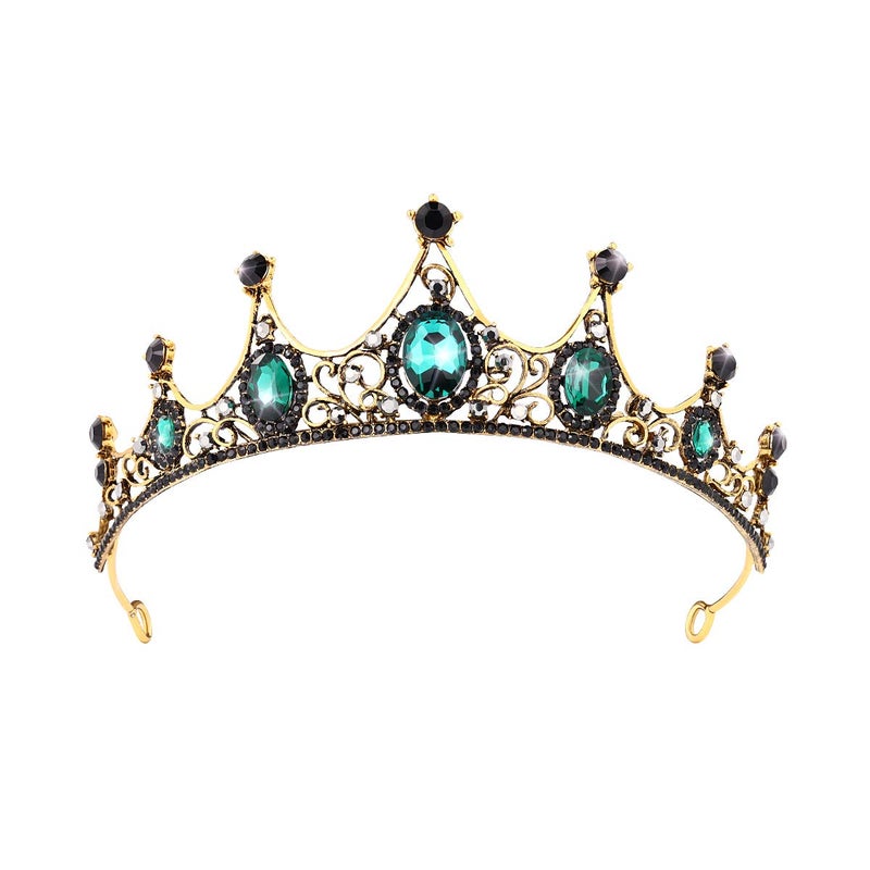 FRCOLOR Baroque Crown Green Rhinestone Crown Vintage Queen Crystal Princess for Women, Birthday Bridal Tiara for Wedding Pageant Prom Halloween (Green) - Image 1